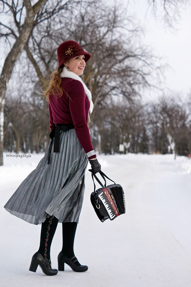 Winnipeg Style Fashion Stylist, Fashion Consultant, Bag Me Baby womens handbag purse Accordian bag, novelty musical instrument, Chicwish womens fashion skirt silver metallic pleated midi skirt, Arzie bunny enamel pin, flare game, pin game, New York Company NY and C faux fur collar accessory, fun winter fashion, Chie Mihara Tania black womens shoes Leather Made in Spain mary janes